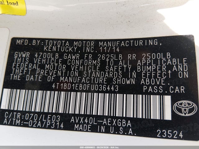 2015 Toyota Avalon Hybrid Xle Touring მანქანა იყიდება აუქციონზე, vin: 4T1BD1EB0FU036443, აუქციონის ნომერი: 45990603