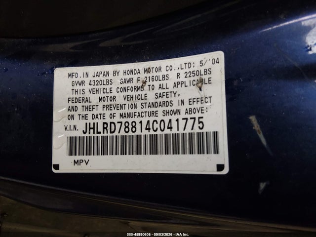 Продажа на аукционе авто 2004 Honda Cr-v Ex, vin: JHLRD78814C041775, номер лота: 45990606