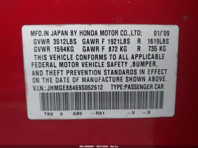 45990607 :رقم المزاد ، JHMGE88469S052612 vin ، 2009 Honda Fit Sport مزاد بيع
