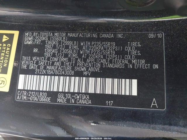 45990628 :رقم المزاد ، 2T2ZK1BA7BC043008 vin ، 2011 Lexus Rx 350 مزاد بيع