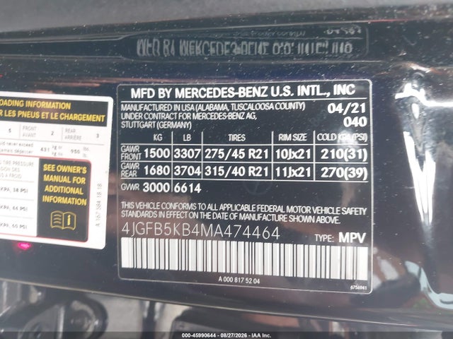 2021 Mercedes-benz Gle 450 4matic მანქანა იყიდება აუქციონზე, vin: 4JGFB5KB4MA474464, აუქციონის ნომერი: 45990644