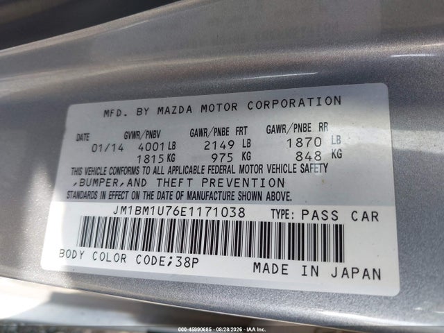 45990685 :رقم المزاد ، JM1BM1U76E1171038 vin ، 2014 Mazda Mazda3 I Sport مزاد بيع