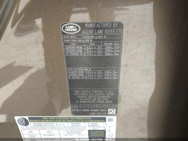 45990694 :رقم المزاد ، SALE27EU2R2355508 vin ، 2024 Land Rover Defender 110 P400 X-dynamic Se مزاد بيع