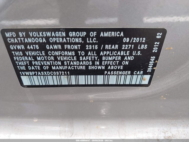 45990697 :رقم المزاد ، 1VWBP7A3XDC037211 vin ، 2013 Volkswagen Passat 2.5l Se مزاد بيع