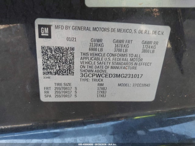2021 Chevrolet Silverado 1500 მანქანა იყიდება აუქციონზე, vin: 3GCPWCED3MG231017, აუქციონის ნომერი: 45990699