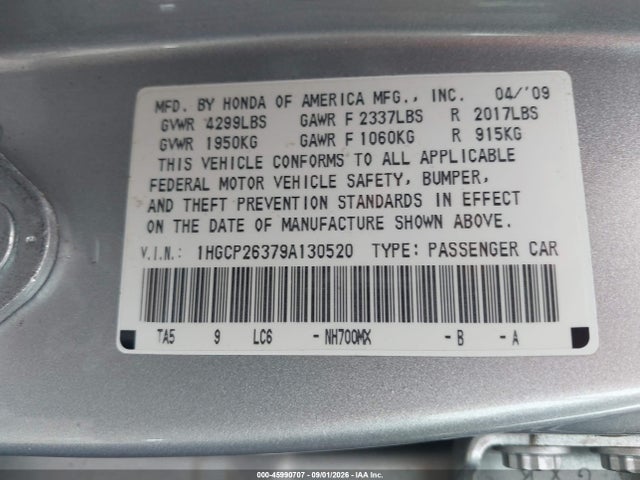 Продаж на аукціоні авто 2009 Honda Accord 2.4 Lx, vin: 1HGCP26379A130520, номер лоту: 45990707