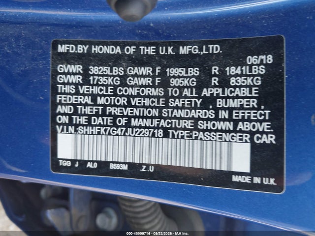 SHHFK7G47JU229718 Honda Civic Sport