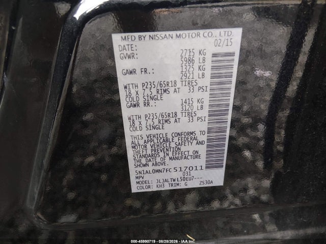 45990719 :رقم المزاد ، 5N1AL0MN7FC517011 vin ، 2015 Infiniti Qx60 مزاد بيع