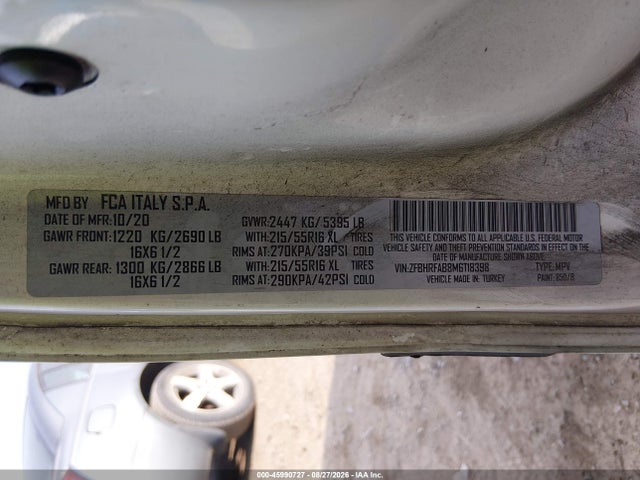 45990727 :رقم المزاد ، ZFBHRFAB8M6T18398 vin ، 2021 Ram Promaster City Tradesman مزاد بيع
