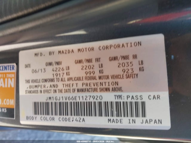 Продажа на аукционе авто 2014 Mazda Mazda6 I Touring, vin: JM1GJ1V66E1127920, номер лота: 45990732