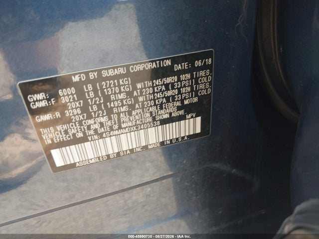 2019 Subaru Ascent Limited მანქანა იყიდება აუქციონზე, vin: 4S4WMAMDXK3405538, აუქციონის ნომერი: 45990735