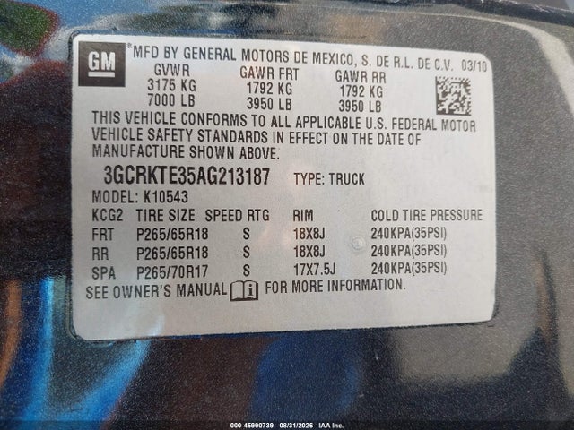 45990739 :رقم المزاد ، 3GCRKTE35AG213187 vin ، 2010 Chevrolet Silverado 1500 Ltz مزاد بيع