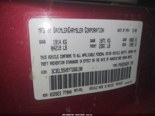 Продажа на аукционе авто 2000 Chrysler Sebring Jxi, vin: 3C3EL55H5YT266190, номер лота: 45990750