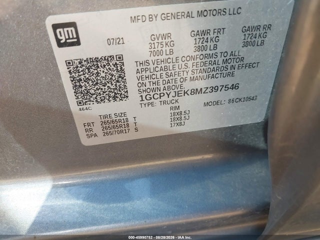 Продажа на аукционе авто 2021 Chevrolet Silverado 1500 4wd  Short Bed Lt With 2fl, vin: 1GCPYJEK8MZ397546, номер лота: 45990752
