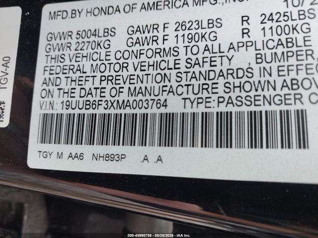 Продаж на аукціоні авто 2021 Acura Tlx Standard, vin: 19UUB6F3XMA003764, номер лоту: 45990758