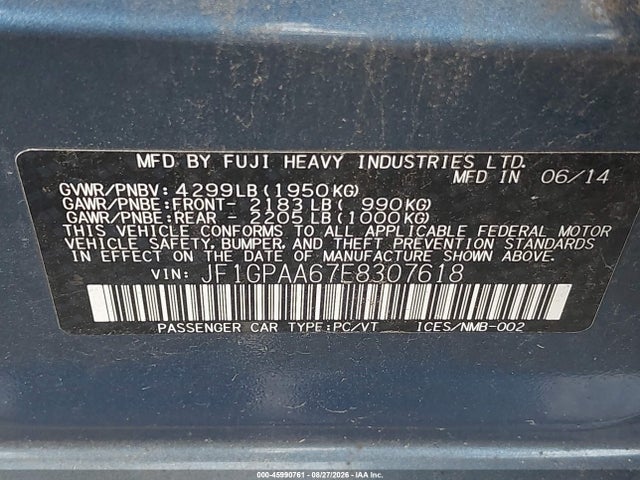 45990761 :رقم المزاد ، JF1GPAA67E8307618 vin ، 2014 Subaru Impreza 2.0i مزاد بيع