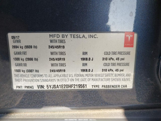 Aukcja sprzedaży 2017 Tesla Model S 100d/60d/75d/90d/p100d, vin: 5YJSA1E20HF219561, numer aukcji: 45990766