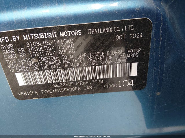 Продажа на аукционе авто 2024 Mitsubishi Mirage G4 Es, vin: ML32FUFJ4RHF17028, номер лота: 45990772