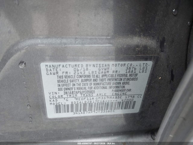 Aukcja sprzedaży 2018 Nissan Sentra S, vin: 3N1AB7AP9JY335805, numer aukcji: 45990787