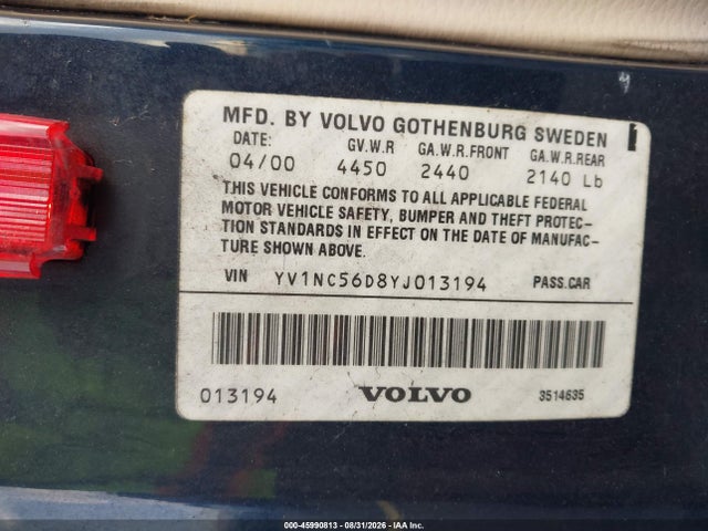 45990813 :رقم المزاد ، YV1NC56D8YJ013194 vin ، 2000 Volvo C70 Lt مزاد بيع