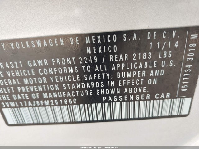 2015 Volkswagen Jetta 1.8t Sel მანქანა იყიდება აუქციონზე, vin: 3VWL17AJ5FM251660, აუქციონის ნომერი: 45990814