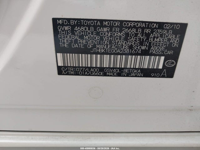 Продаж на аукціоні авто 2010 Lexus Es 350, vin: JTHBK1EG0A2381674, номер лоту: 45990836