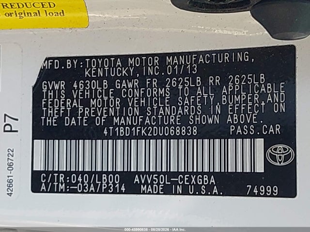 Продаж на аукціоні авто 2013 Toyota Camry Hybrid Xle, vin: 4T1BD1FK2DU068838, номер лоту: 45990838