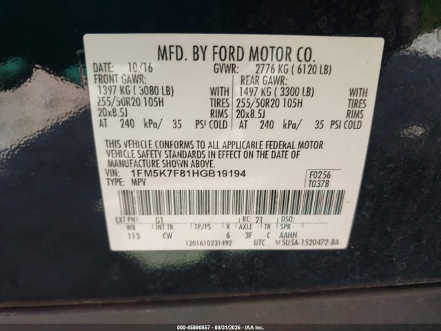 Продажа на аукционе авто 2017 Ford Explorer Limited, vin: 1FM5K7F81HGB19194, номер лота: 45990857