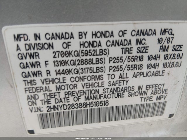 Aukcja sprzedaży 2008 Acura Mdx Technology Package, vin: 2HNYD28388H510518, numer aukcji: 45990864