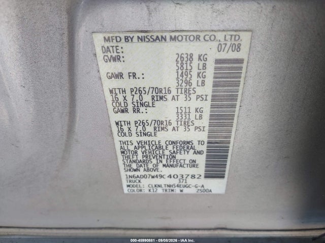 Продаж на аукціоні авто 2009 Nissan Frontier Se, vin: 1N6AD07W49C403782, номер лоту: 45990881