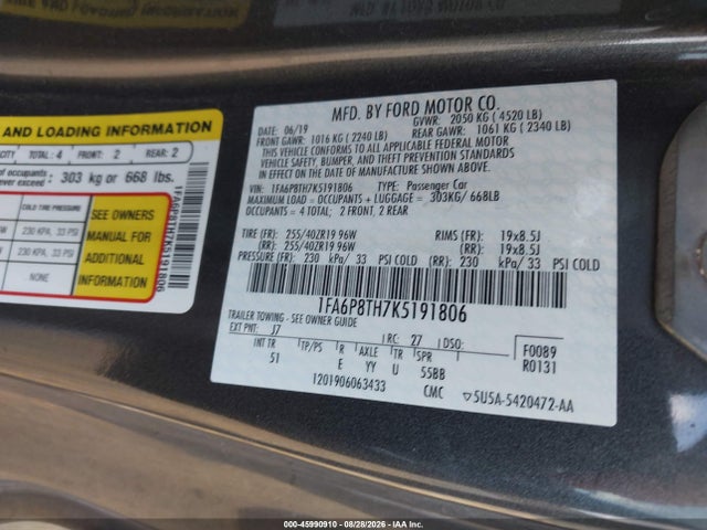 Продаж на аукціоні авто 2019 Ford Mustang Ecoboost Premium, vin: 1FA6P8TH7K5191806, номер лоту: 45990910