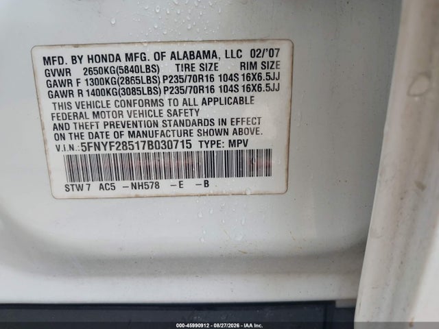 2007 Honda Pilot Ex-l მანქანა იყიდება აუქციონზე, vin: 5FNYF28517B030715, აუქციონის ნომერი: 45990912