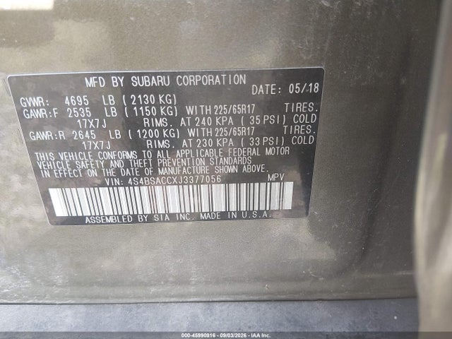 Продаж на аукціоні авто 2018 Subaru Outback 2.5i Premium, vin: 4S4BSACCXJ3377056, номер лоту: 45990916