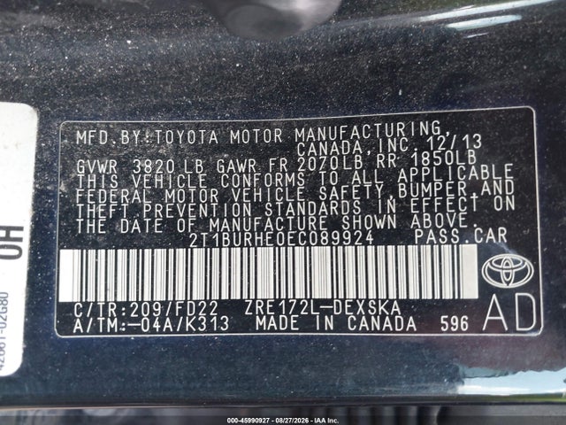 2014 Toyota Corolla S Plus მანქანა იყიდება აუქციონზე, vin: 2T1BURHE0EC089924, აუქციონის ნომერი: 45990927