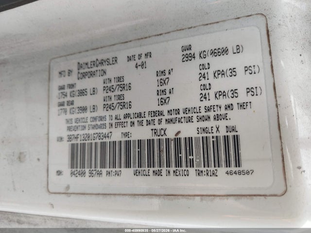 45990935 :رقم المزاد ، 3B7HF13Z01G783447 vin ، 2001 Dodge Ram 1500 St مزاد بيع