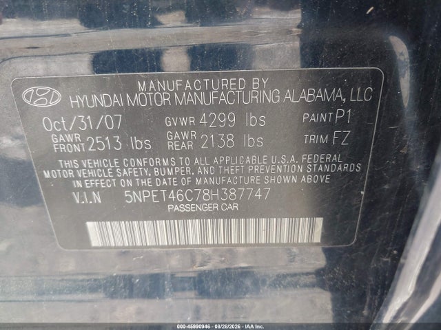 45990946 :رقم المزاد ، 5NPET46C78H387747 vin ، 2008 Hyundai Sonata Gls مزاد بيع