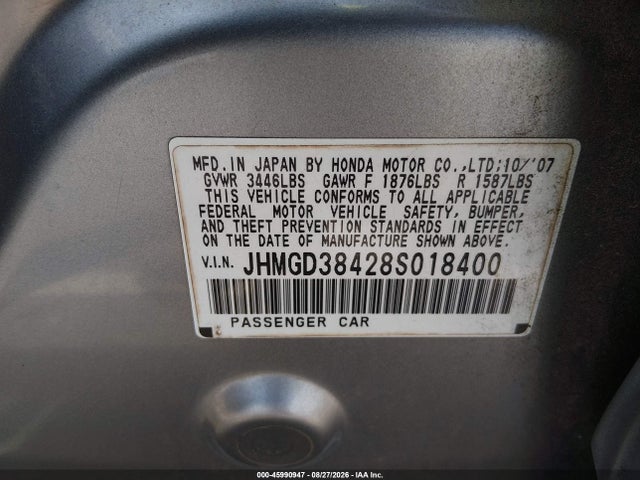 45990947 :رقم المزاد ، JHMGD38428S018400 vin ، 2008 Honda Fit مزاد بيع