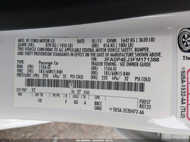 45990964 :رقم المزاد ، 3FADP4EJ3FM171388 vin ، 2015 Ford Fiesta Se مزاد بيع