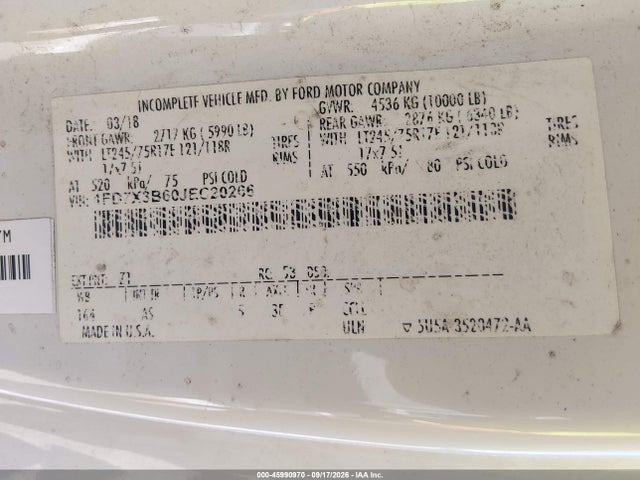 45990970 :رقم المزاد ، 1FD7X3B60JEC20266 vin ، 2018 Ford F-350 Xl مزاد بيع