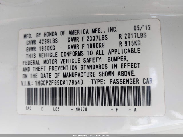 2012 Honda Accord 2.4 Se მანქანა იყიდება აუქციონზე, vin: 1HGCP2F69CA179543, აუქციონის ნომერი: 45990979