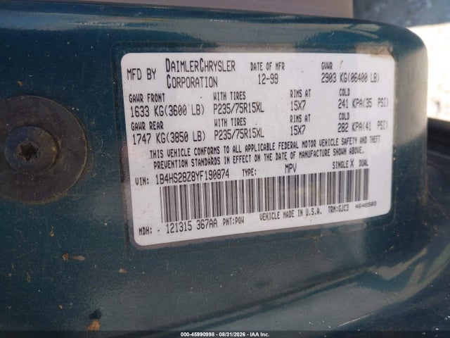 Aukcja sprzedaży 2000 Dodge Durango, vin: 1B4HS28Z8YF190874, numer aukcji: 45990998