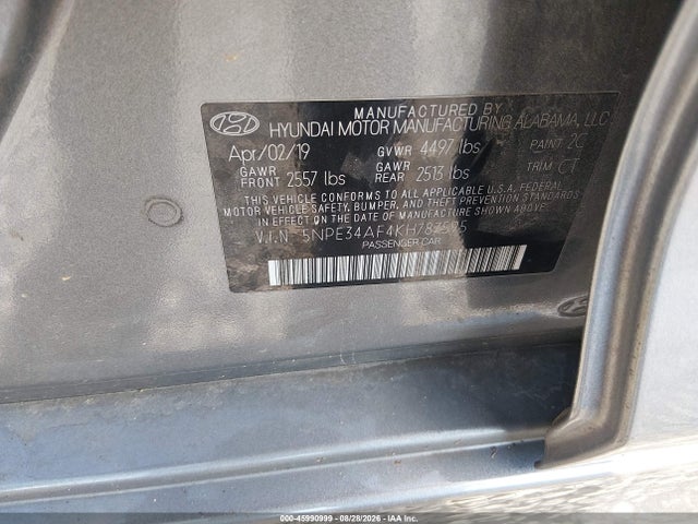 Aukcja sprzedaży 2019 Hyundai Sonata Sel, vin: 5NPE34AF4KH787595, numer aukcji: 45990999