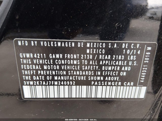 Aukcja sprzedaży 2015 Volkswagen Jetta 2.0l S, vin: 3VW2K7AJ7FM240992, numer aukcji: 45991000