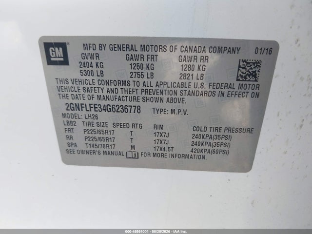 Aukcja sprzedaży 2016 Chevrolet Equinox Lt, vin: 2GNFLFE34G6236778, numer aukcji: 45991001