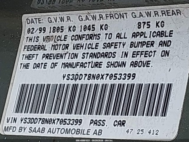 45991021 :رقم المزاد ، YS3DD78N0X7053399 vin ، 1999 Saab 9-3 مزاد بيع
