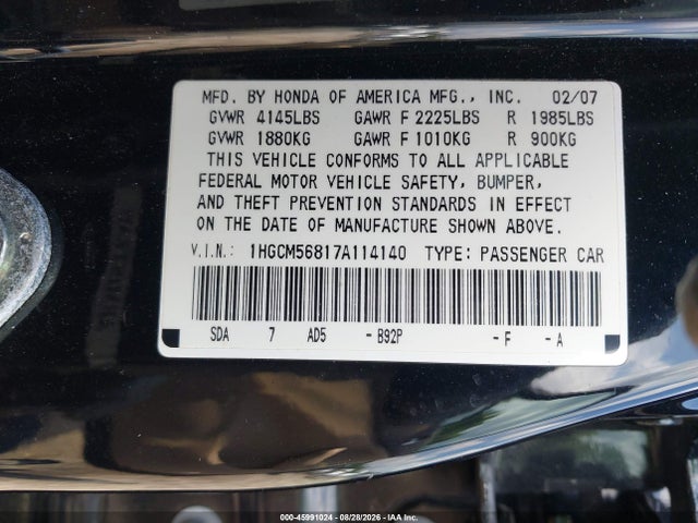45991024 :رقم المزاد ، 1HGCM56817A114140 vin ، 2007 Honda Accord 2.4 Ex مزاد بيع