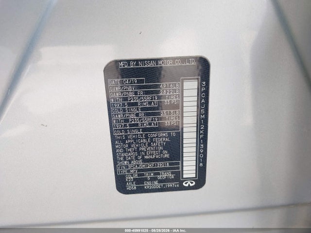 45991025 :رقم المزاد ، 3PCAJ5M12KF139018 vin ، 2019 Infiniti Qx50 Luxe مزاد بيع
