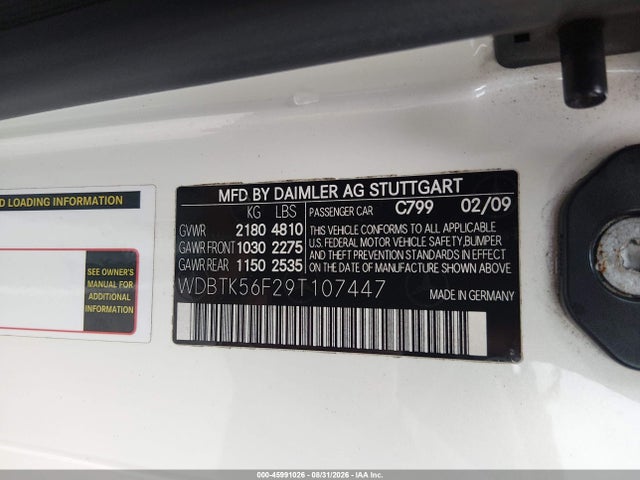 Aukcja sprzedaży 2009 Mercedes-benz Clk 350, vin: WDBTK56F29T107447, numer aukcji: 45991026