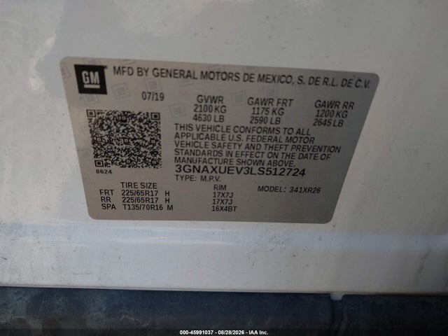 Продажа на аукционе авто 2020 Chevrolet Equinox Awd Lt 1.5l Turbo, vin: 3GNAXUEV3LS512724, номер лота: 45991037
