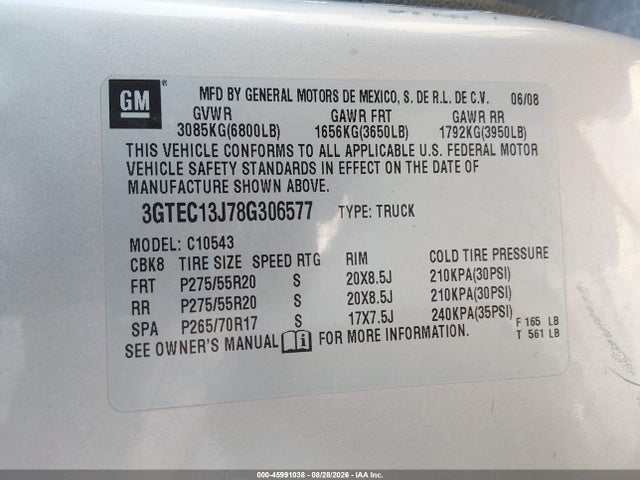 2008 Gmc Sierra 1500 Sle1 მანქანა იყიდება აუქციონზე, vin: 3GTEC13J78G306577, აუქციონის ნომერი: 45991038